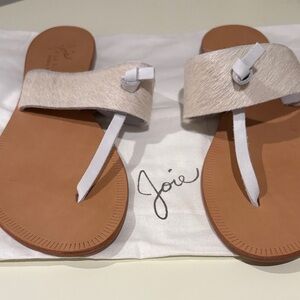Joie White Haircalf Toe-Loop Sandals with Tan Footbed